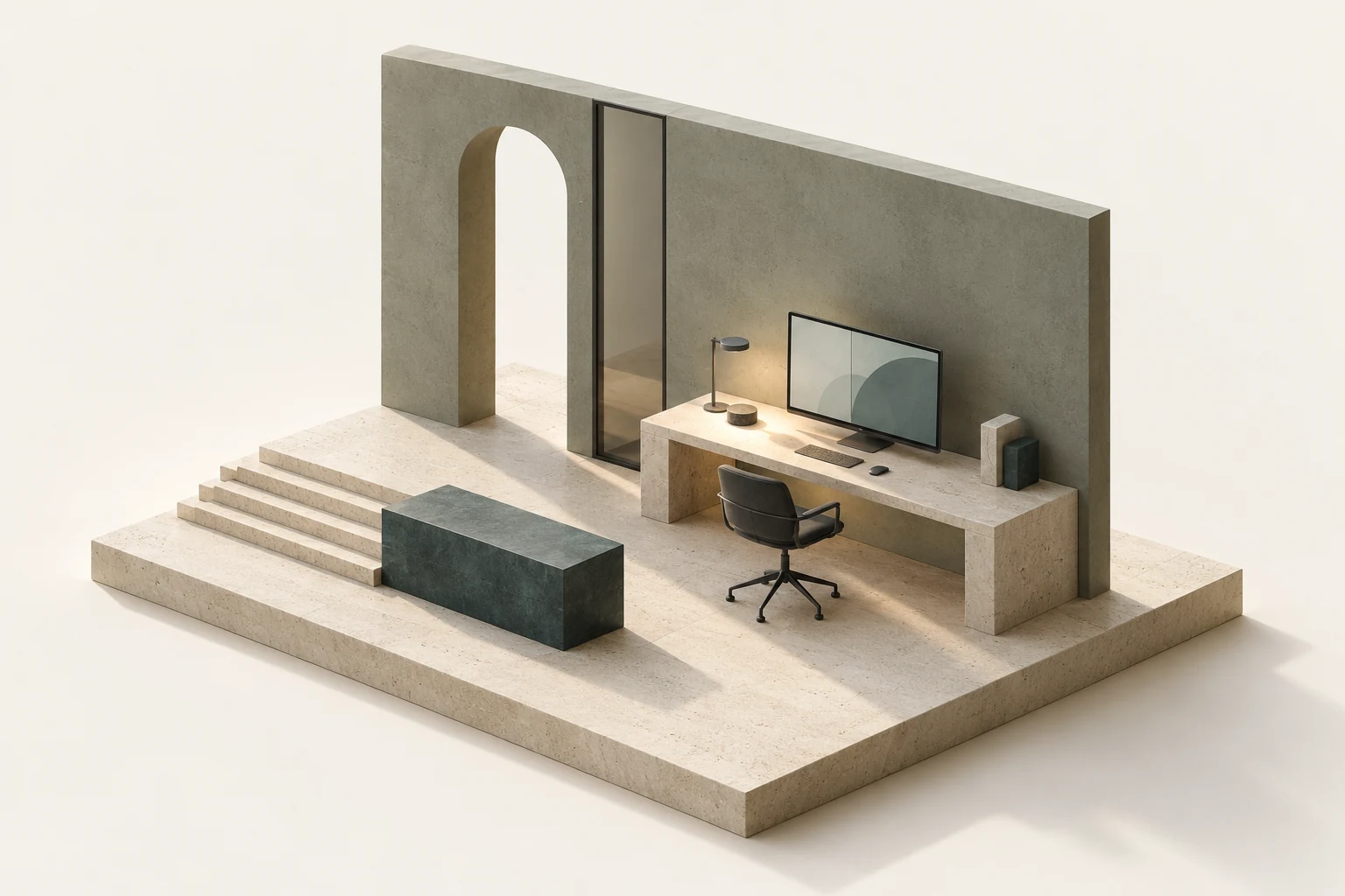Architektonisches Miniaturatelier aus hellem Stein: ein Arbeitsplatz, ein Torbogen und ruhiges, warmes Licht.