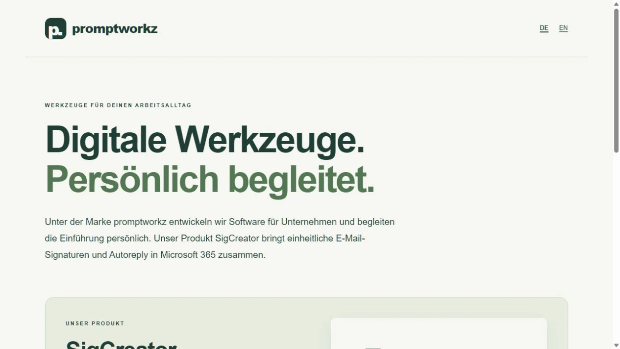 Originalansicht des Promptworkz-Markenauftritts: Digitale Werkzeuge. Persönlich begleitet.