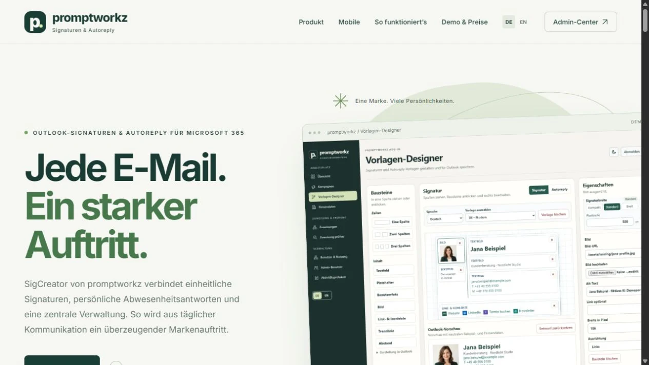 Originalansicht der SigCreator-Website mit der Überschrift Jede E-Mail. Ein starker Auftritt.